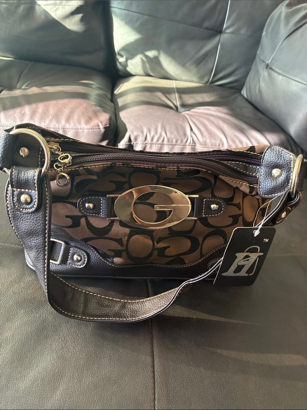 Guess Brown Monogram Shoulder Bag with Gold Hardware
